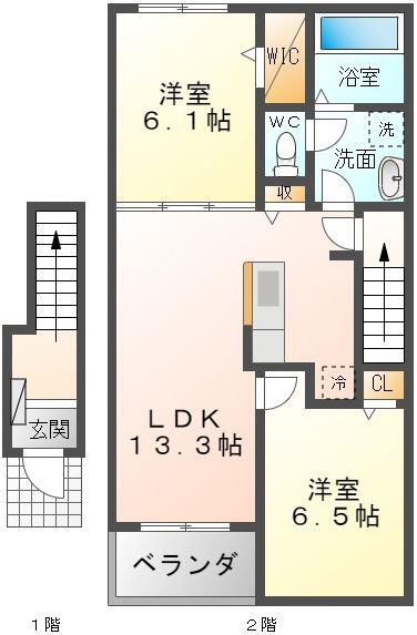 メゾンリヴィエール(2LDK/2階)の間取り写真