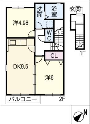 グリーンハイツながくて(2DK/2階)の間取り写真