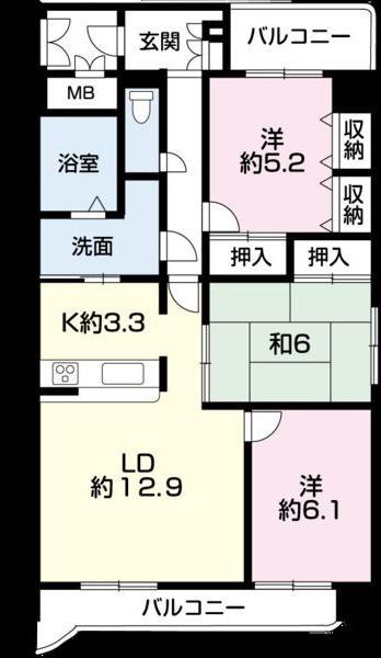 朝日プラザ野里北野町(3LDK/2階)の間取り写真
