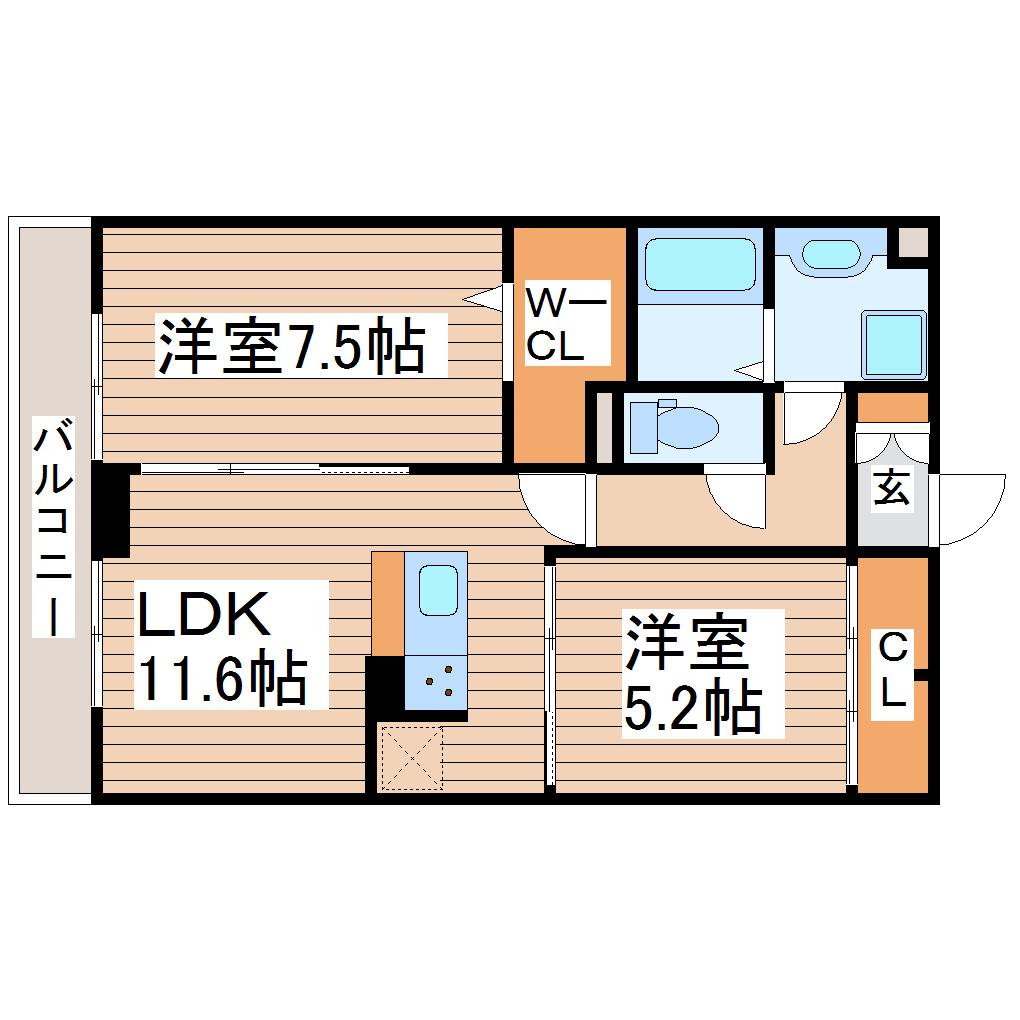 DーROOM DEARCOURT 八本松(2LDK/3階)の間取り写真