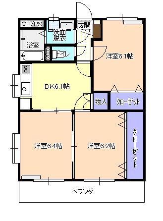 ＪＲ奥羽本線 神町駅 徒歩45分 3階建 築18年(3DK/3階)の間取り写真