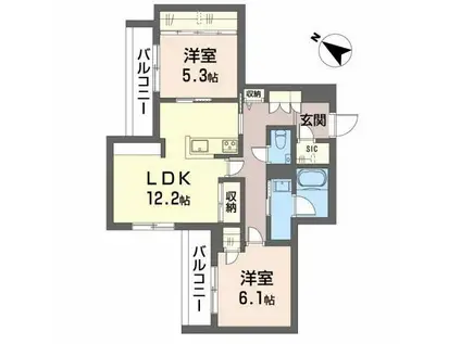 シャーメゾンガーデンズ セリシール高羽 東館(2LDK/2階)の間取り写真