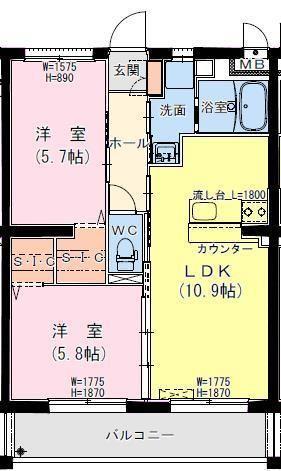 サンテラス・TUTOMI(2LDK/4階)の間取り写真