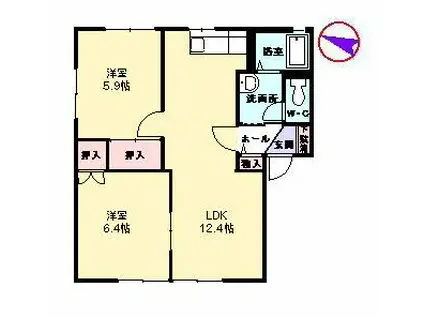 ハイラーク甘木D棟(2LDK/1階)の間取り写真