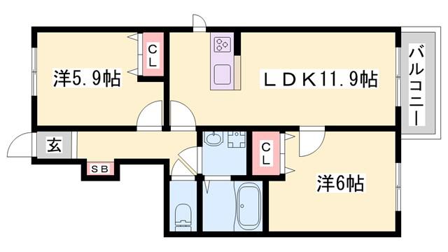 ニューフォーレスナガタD棟(2LDK/1階)の間取り写真