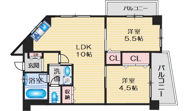 グリーンハイツ東三国(2LDK/9階)の間取り写真