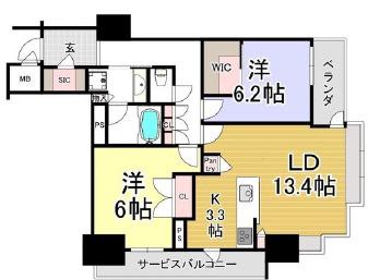 ブランズタワー南堀江(2LDK/21階)の間取り写真