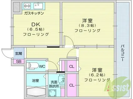 ロイヤルアニヴァーサリー若林(2DK/4階)の間取り写真