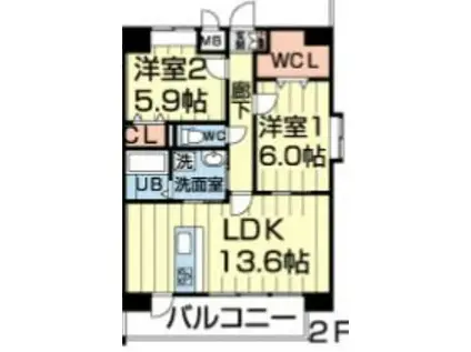 クイーンズイン菊陽(2LDK/5階)の間取り写真