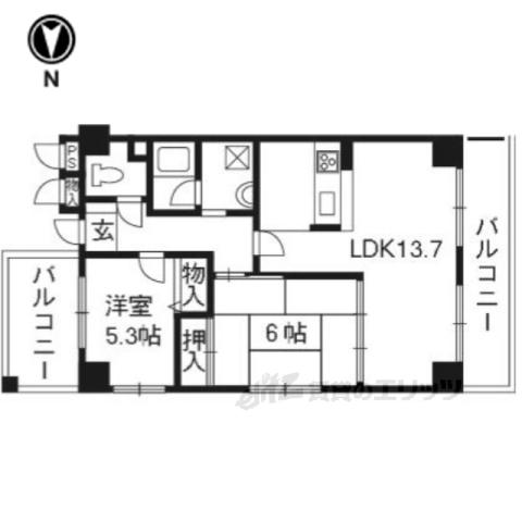 グランドゥール太秦(2LDK/5階)の間取り写真
