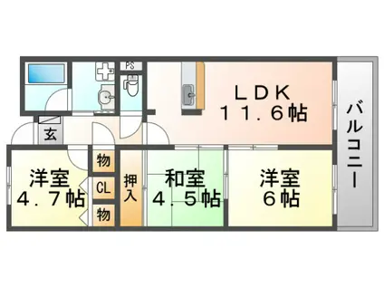 フローライト緑地公園(3LDK/1階)の間取り写真