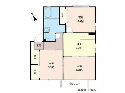 ヴァン・ヴェール(3DK/2階)の間取り写真