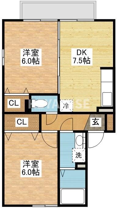 グランモア貝津C棟(2DK/2階)の間取り写真