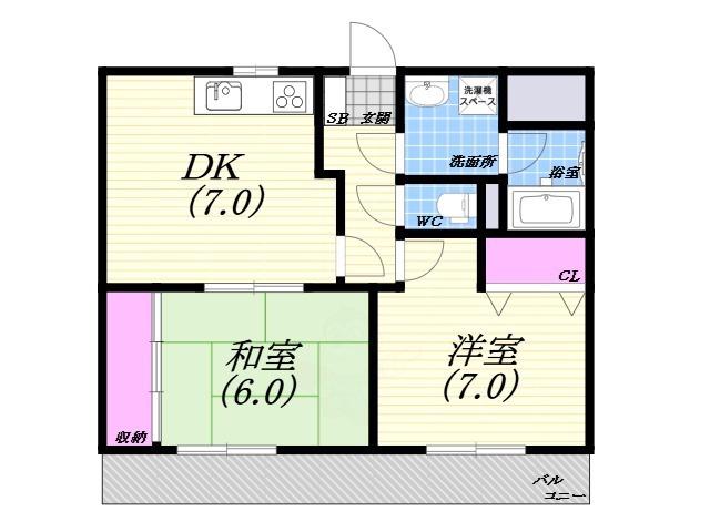 フェニックス獅子ヶ口(2DK/1階)の間取り写真