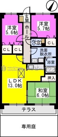 プレステージ塔原(3LDK/1階)の間取り写真