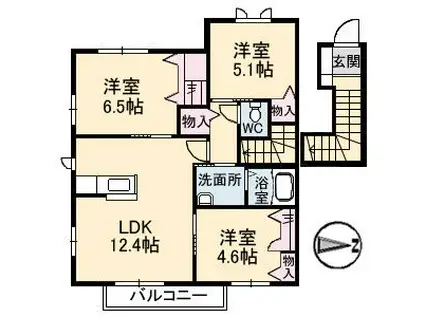 ニューヴァレイ船越 A棟(3LDK/2階)の間取り写真