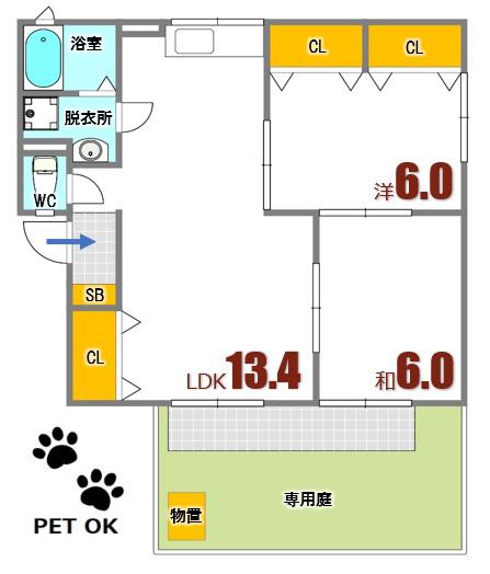 ゼフィランテスC棟(2LDK/1階)の間取り写真