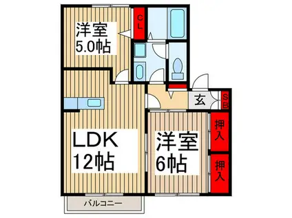ハックベリーB棟(2LDK/1階)の間取り写真