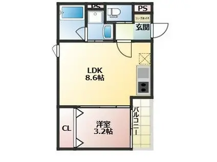 久留米市西町1193 E棟(1LDK/2階)の間取り写真