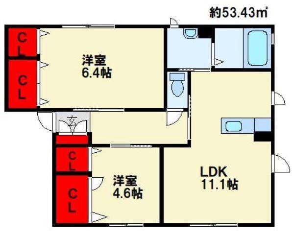 メゾンエクレールE棟(2LDK/2階)の間取り写真