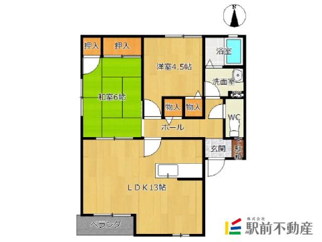 ル・フェール多布施E(2LDK/1階)の間取り写真