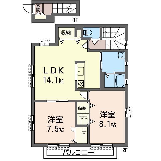サウザンヒルB(2LDK/2階)の間取り写真