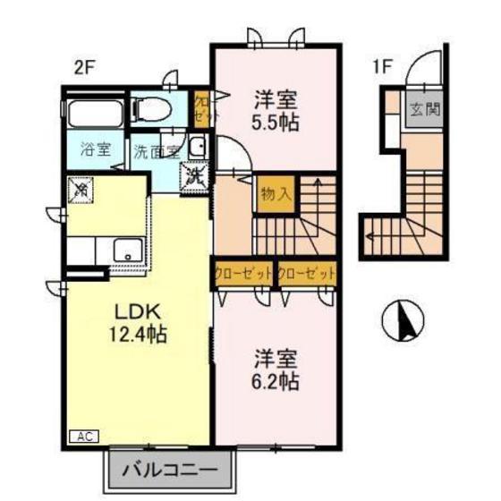 アンソレイユB棟(2LDK/2階)の間取り写真