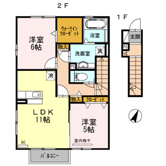 イーストヒルズC(2LDK/2階)の間取り写真