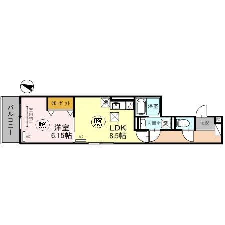 DーROOM旗塚通(1LDK/1階)の間取り写真