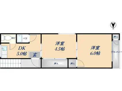 近鉄奈良線 枚岡駅 徒歩5分 2階建 築62年(2DK/2階)の間取り写真