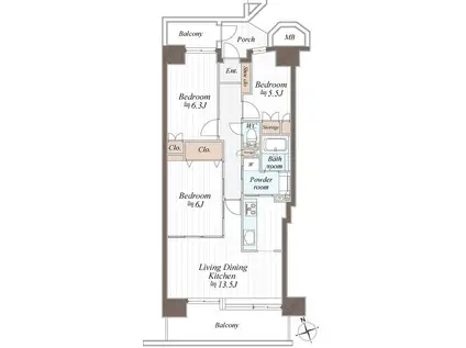 東急ドエルアルス菊名(3LDK/8階)の間取り写真