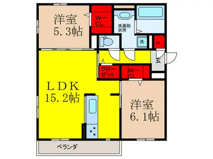 キャトル(2LDK/3階)の間取り写真