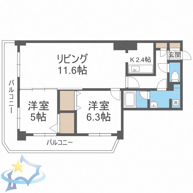 PRIME URBAN札幌 RIVER FRONT(2LDK/2階)の間取り写真