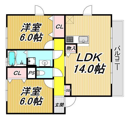 ヴィラ・デュオB棟(2LDK/2階)の間取り写真