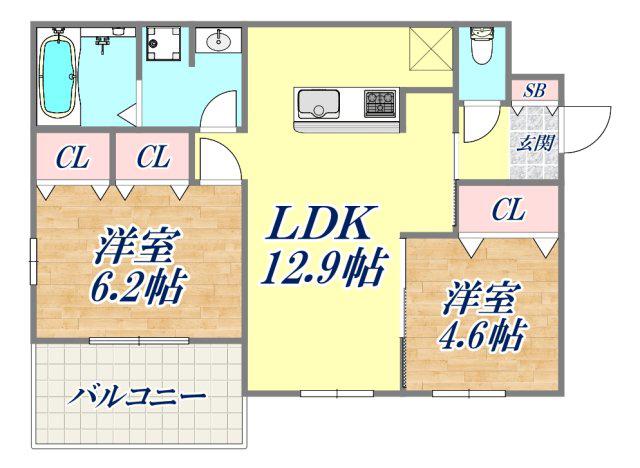 ブル・マリーノ衣掛(2LDK/2階)の間取り写真