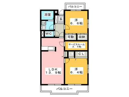 サンパティーク香貫(2LDK/1階)の間取り写真