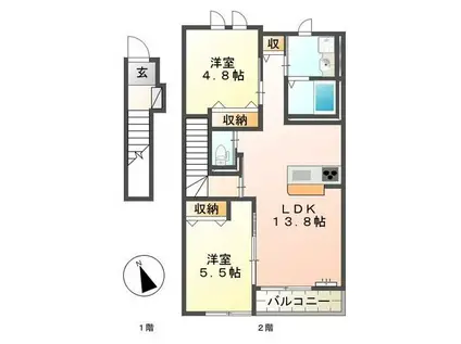 ウィングII(2LDK/2階)の間取り写真