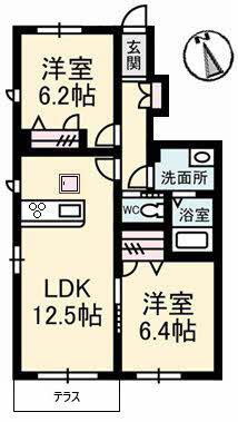 グランブーケB棟(2LDK/1階)の間取り写真