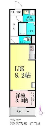 BAU美田園(1LDK/3階)の間取り写真
