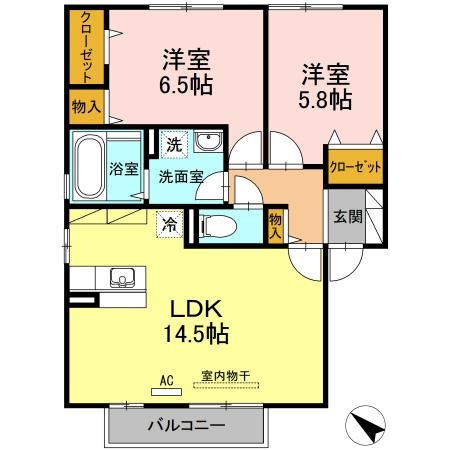 ヴァン・カルチェ B棟(2LDK/1階)の間取り写真
