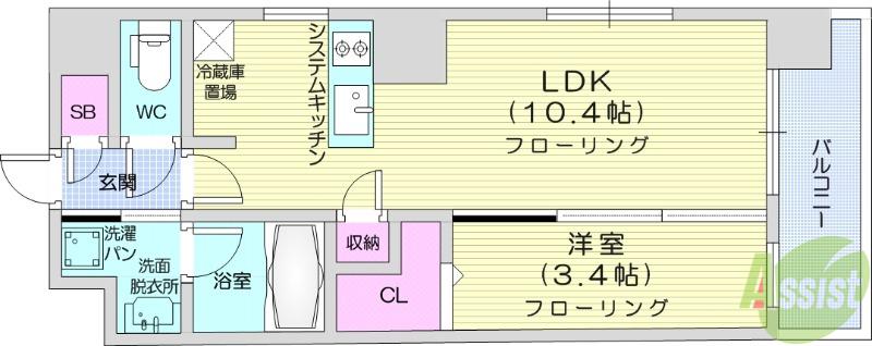 ドゥーエ仙台イースト3(1LDK/4階)の間取り写真