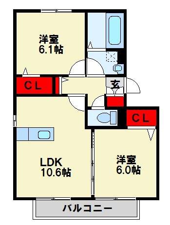 ベルフルール割子川(2LDK/2階)の間取り写真