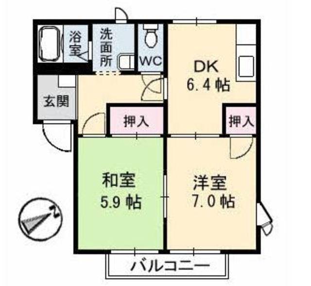 フレグランスまほろばA棟(2DK/1階)の間取り写真