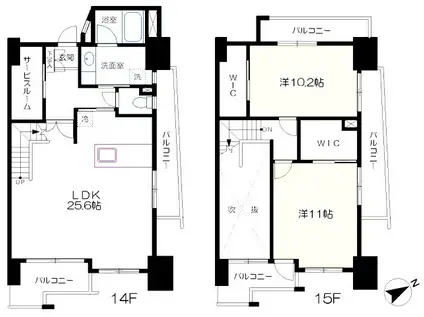 グランエスパシオ浅野(2LDK/14階)の間取り写真