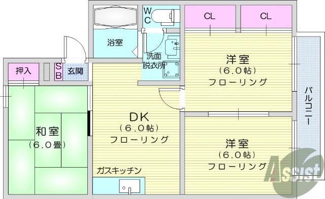 アメニティゾーン河原町1(3DK/2階)の間取り写真