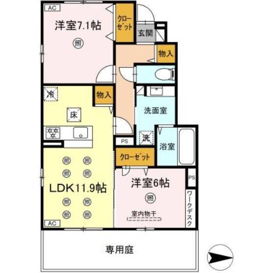 ティアラB(2LDK/1階)の間取り写真