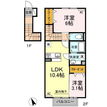 コスモ木屋瀬 A棟(2LDK/2階)の間取り写真