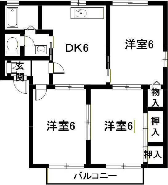 ディアスパーシモンB棟(3DK/1階)の間取り写真