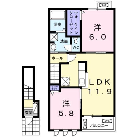 シンフォニー川内 A棟(2LDK/2階)の間取り写真