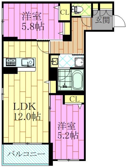 デルフィ淕番館(2LDK/1階)の間取り写真
